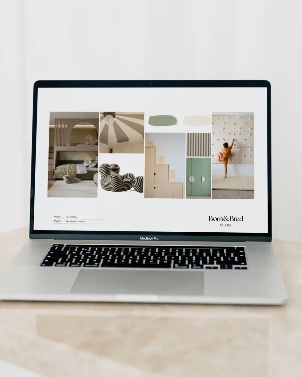 Laptop showing a Born & Bred Studio mood board during a design consultation