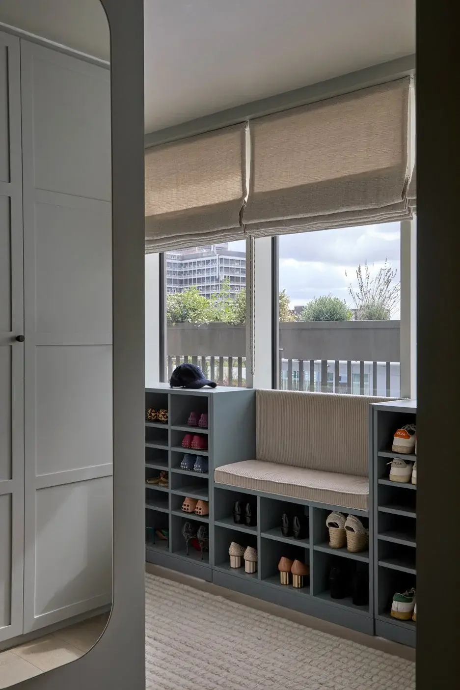 Dressing room and bespoke wardrobes in the Fulham Reach Duplex Penthouse, Fulham Reach, London W6 — interior design by Born & Bred Studio